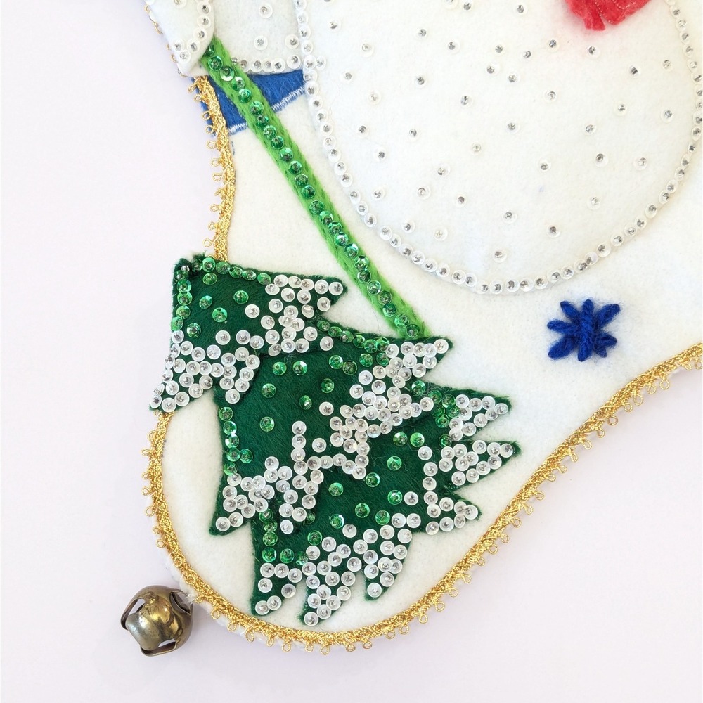 Vintage Finished Bucilla Felt Sequin Beaded Christmas Stocking Snowman w/Broom - Picture 5 of 9